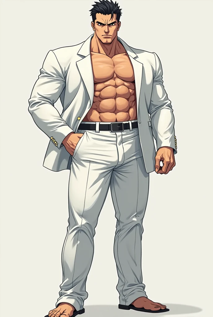 Anime man in white underwear standing with his hands on his hips, realistically proportioned body, male body, whole body highly detailed, proper human male proportions, complete body view, full character body, masculine proportions, centered full body rear-shot, realistic body proportions, realistic anatomical proportions, male aeromorph, detailed body shape, spiky anime hair, black hair, red eyes, bara,