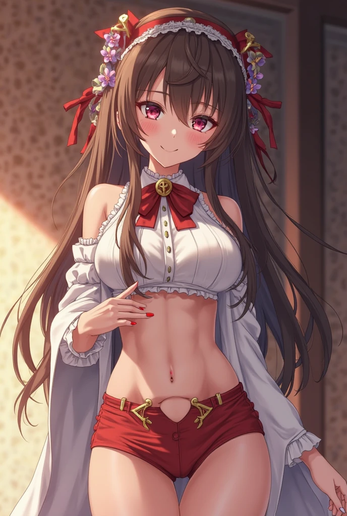 score_9, score_8_up, score_7_up,looking at viewer,
 aoi,brown hair, red eyes, long hair,hair ribbon,
 bandeau, harem outfit,detached sleeves, bridal gauntlets,<lora:AoiXLPony:1>,<lora:DancerXLPony:1>