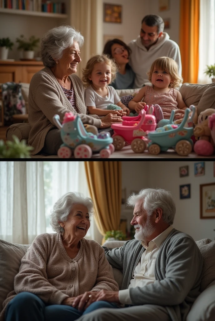 Imagine a photo of happy and caring grandparents. They're sitting together on a couch, com sorrisos calorosos em seus rostos. The grandmother is wearing a cozy sweater and has her arms around her grandfather, who is wearing a plaid shirt. They have smooth wrinkles on their face, evidencing the wisdom and experience of their lives. Ao fundo, You can see pictures of your children and grandchildren hanging on the wall, showing the love and pride they feel for their family. It's a photo that conveys love, Joy and the preciousness of the moments shared between grandparents and grandchildren.