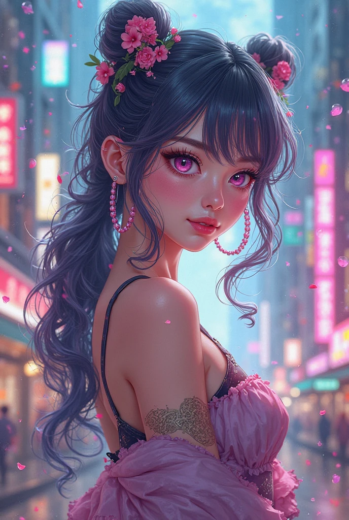 ((masterpiece)), ((Highest quality)), (Beautiful Japanese girl portrait), Eye for perfect detail, Face in perfect detail, Very elaborate nose, Open your mouth, Perfect muscle, Perfect Teeth, A well-defined body, Tight clothing that shows the lines of the body, Charm, Perfect Face, Dimples on cheeks, Depth of written boundary, High resolution, ((Incredibly realistic skin texture)), (Well-proportioned hands), Thin lips, Random color hair, Floating multicolored hair, Narrow waist, Big City Background