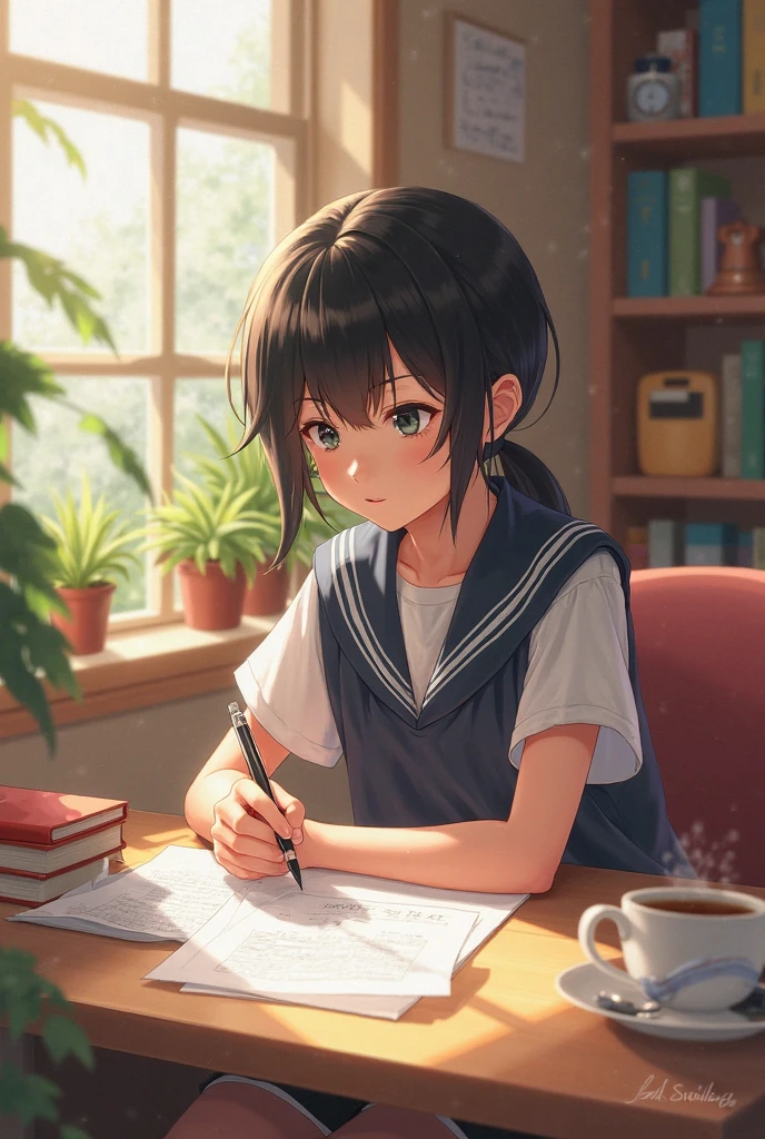 90s anime style girl studying at her desk