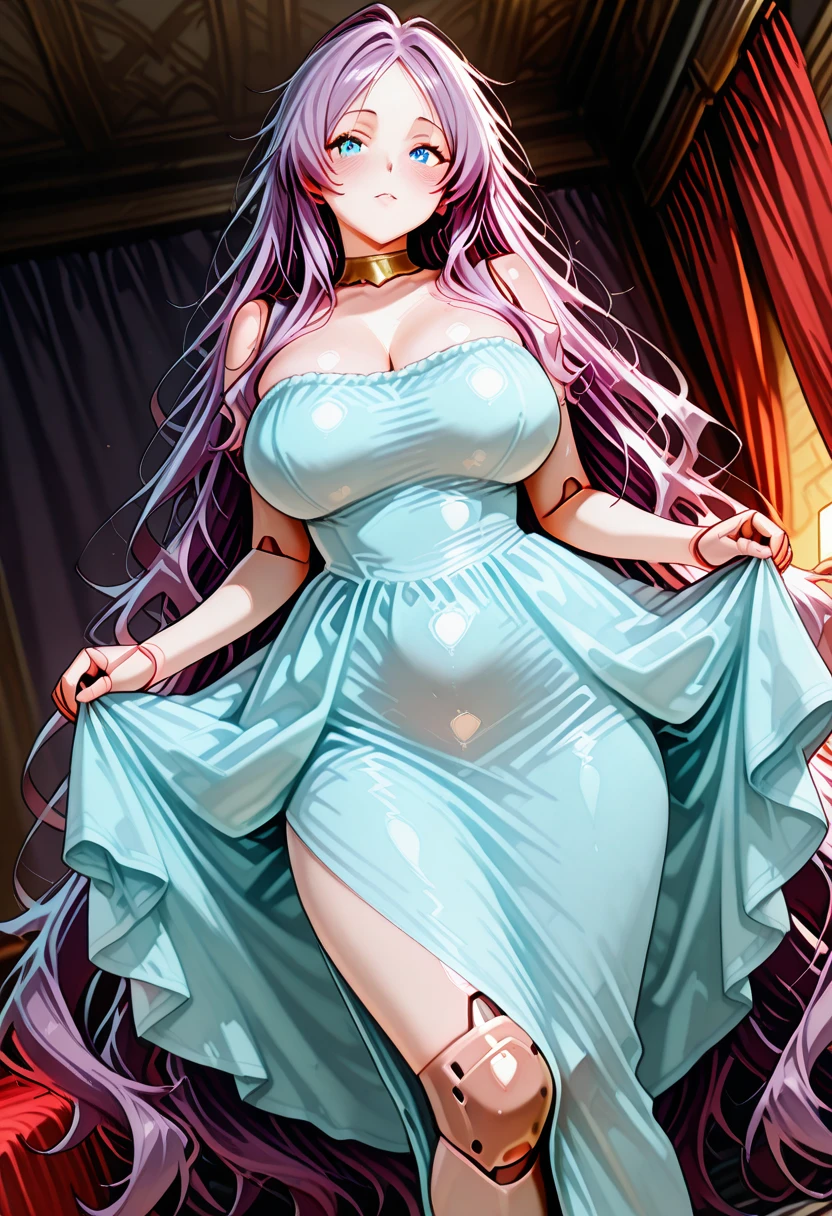Masterpiece, highest quality, (highly detailed CG Unity 8k wallpaper) (highest quality), (best illustration), (best shadow) anime girl, bedroom, blushing face, huge breasts,  white skin, elegant silver gown that shows almost all her body, high heels, Violet long hair, ultra detailed  --v6 