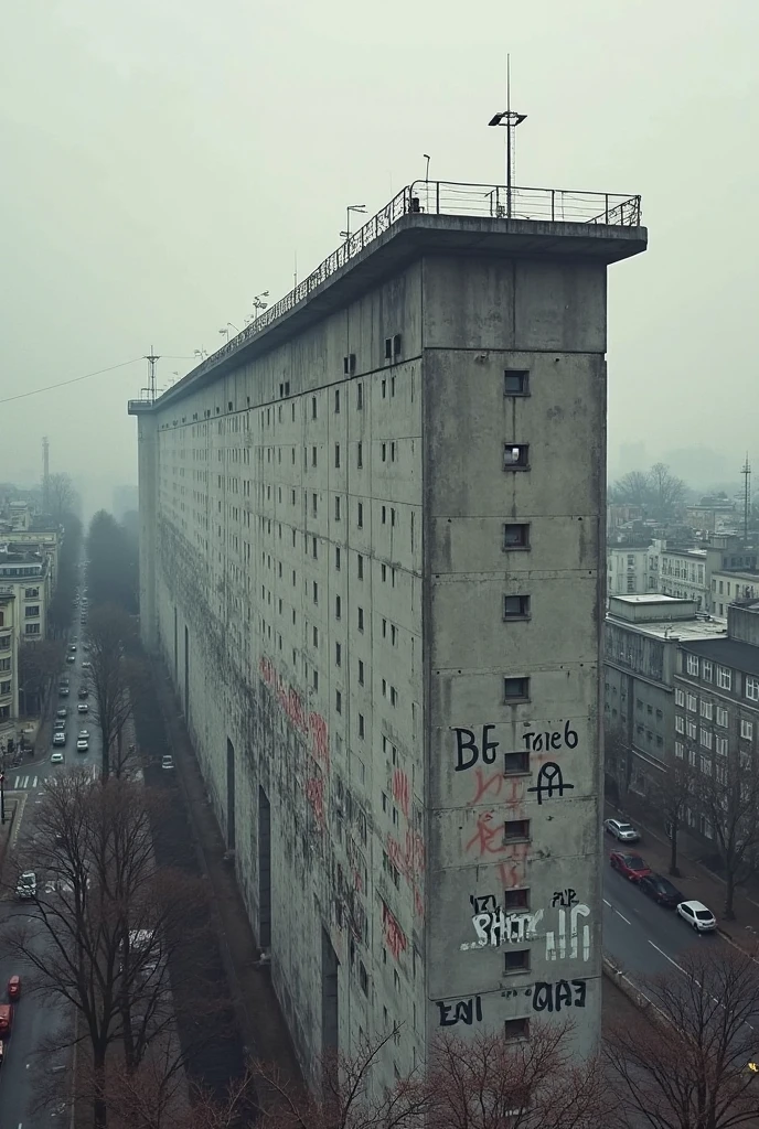 Dilapidated dimly lit apartment complex