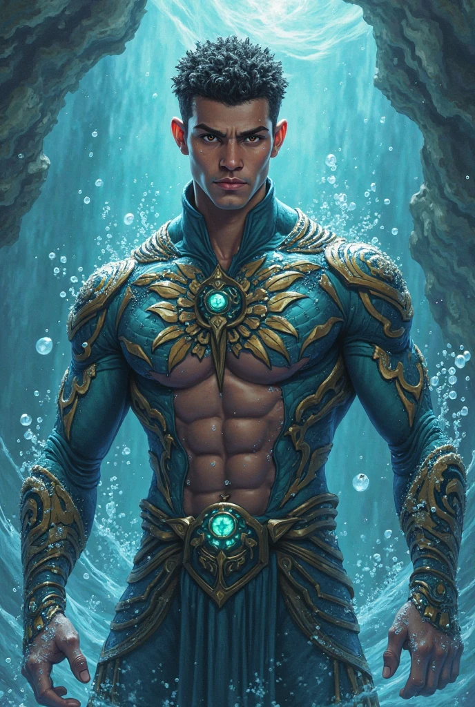 Timothée Chalamet characterized as a water elf, , like a male triton, with elf ears with gills, tall pretty beautiful handsome androgynous and muscular male, with completely cobalt blue skin, perfect body, anatomicaly perfect, as a psionic, as the former king of the sea, as a former cleric of the sea, as a genius scientist, as a time traveler, working inside a lab, wearing a lab coat, while creating, while inventing