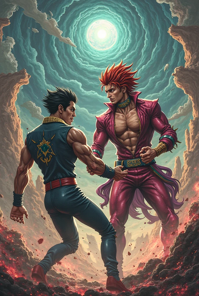 Manga jojo dio pink hair shirtless pink pants jotaro black hair shirtless in shorts and sneakers
