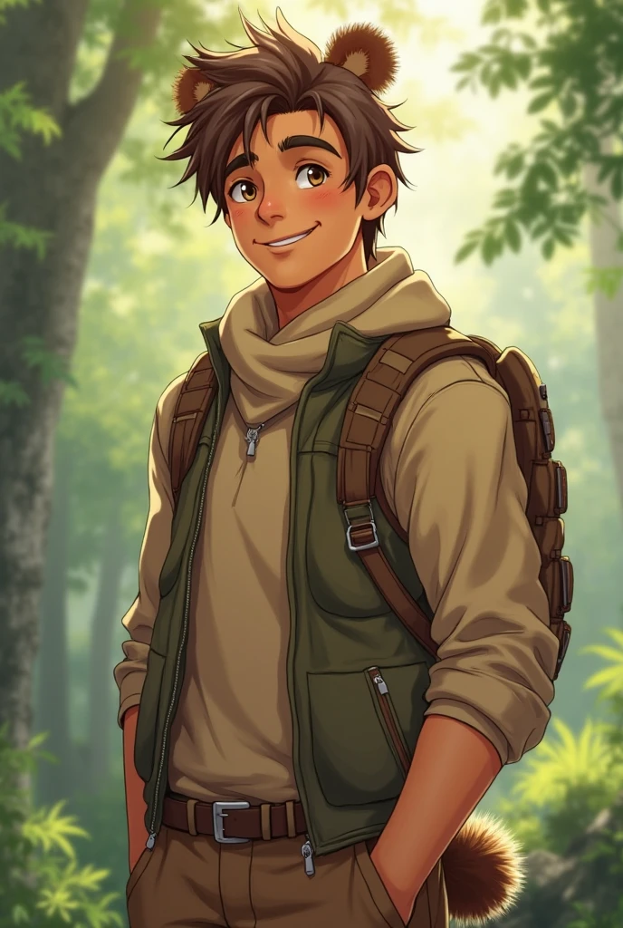 Anime, a boy, playful, deep dark woods, campsite, outdoors, detailed realistic face, detailed realistic eyes, skin imperfections, tank top, shorts, a 19yo dg_Luis boy, <lora:dg_Luis_v1:0.8>,