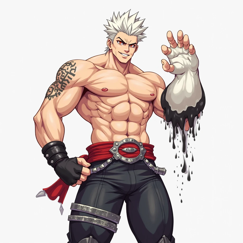 Full body shot of the formidable villain, a demon god, towering with an athletic physique, exuding an attractive and intelligent aura. His short, radiant white hair contrasts dramatically with his light blue eyes, adorned by dark circles that add to his intriguing appearance. Sharp fangs peek from his sinister grin, and a black devil tail curls menacingly below his waist. Flowing blue fire serves as his horns, erupting from his head in a chaotic yet captivating display. Sleeveless latex t-shirts cling to his muscular frame, a nod to the style of My Hero Academia. The white background serves to