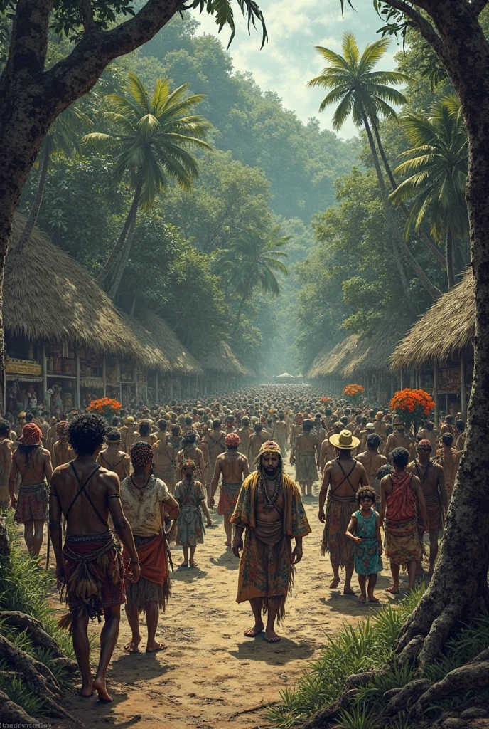 A picture showing an indigenous community affected by deforestation, such as a village surrounded by cleared land or a protest against logging operations.