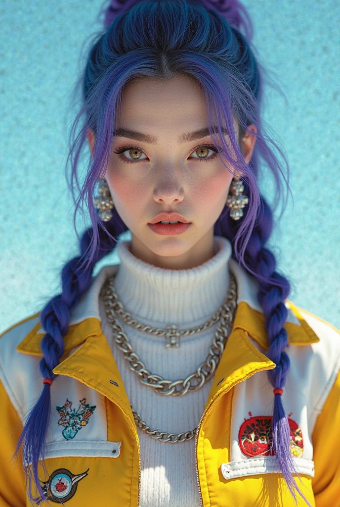 (masterpiece, best quality),a beautiful woman, lipstick, illustration, punk, cd cover art, (((blue and yellow))), portrait, blue background , yellow splashes, graffiti