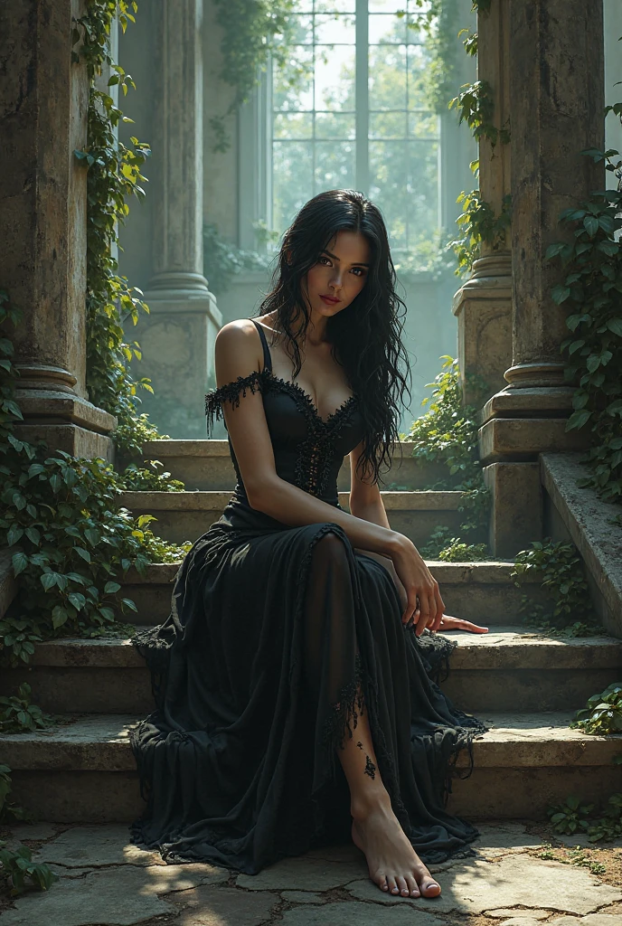 A female , Hourglass Body, in a snowy Climate, long And Tangled hair, red eyes, Wears Silky Black Gown, Barefoot, sitting on Grinite, Primal Setting, Jungle ruins Back ground, HD, Ultra Scenery, Vivid lighting.