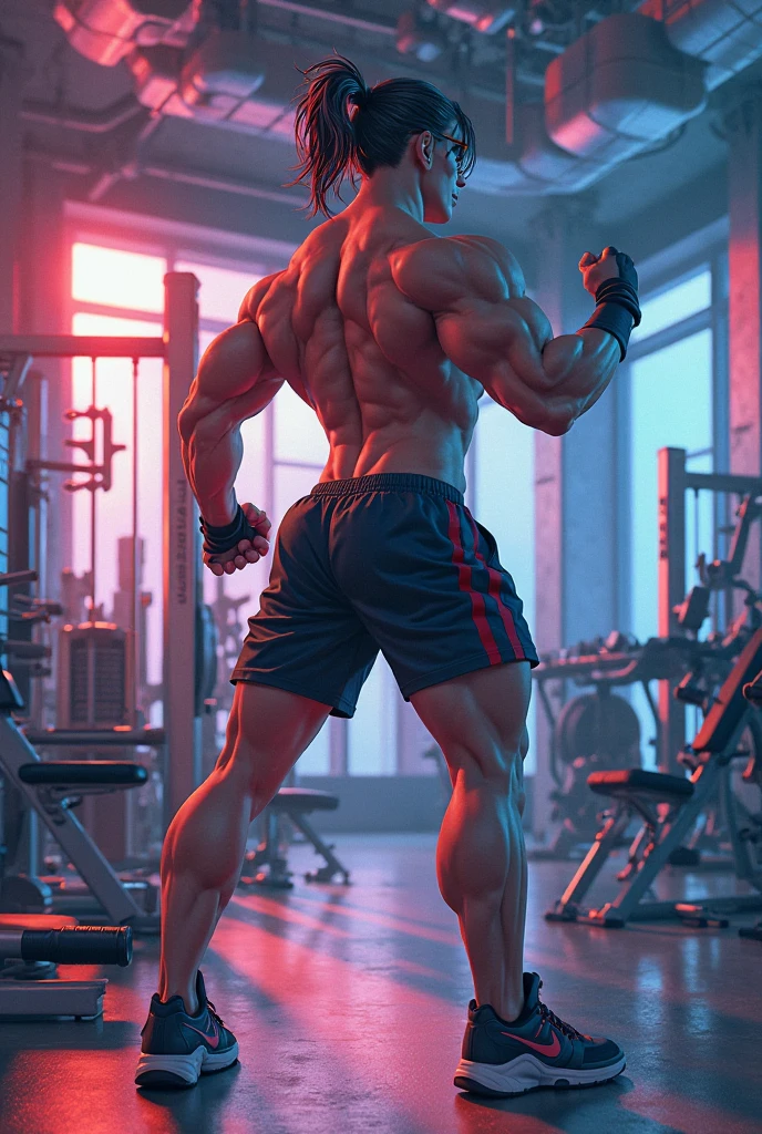 Nightwing, shirtless, turned around with a massive backside wearing a small jockstrap, hairy legs, at gotham city nightlife, lightning and raining. 