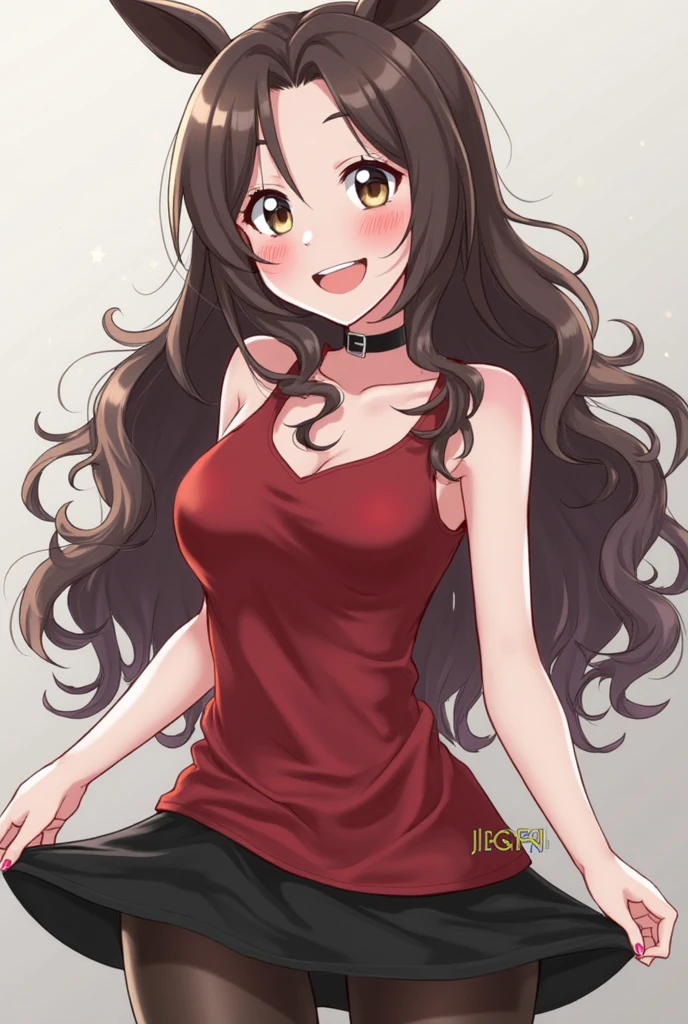 Cute girl, long dark brown hair, light brown eyes, red cheeks, wolf ears, pink dress, big breasts, exposed stomach, short shorts