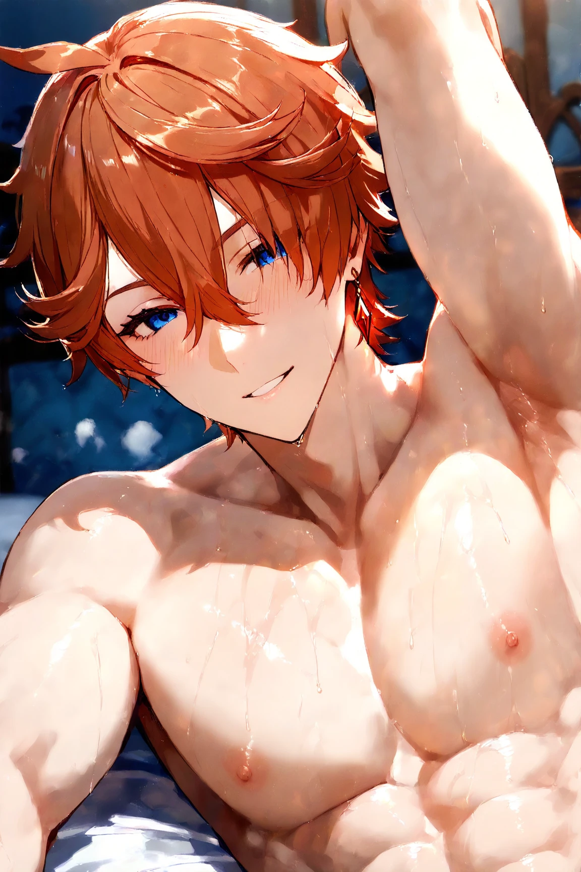 (masterpiece, best quality),1boy,(younge boy,Kid's face),Body tilt,Hands drooping down,Delicate big eyes,Keep your eyes open,The ,Big ,,,cum shots,orgasmc,Smooth and delicate skin,(Lewdness),infancy,snowfield,Large ice cubes,Blue-violet aurora,Lewd expression,,infancy,Young age,Blue-white ice cubes,Short round face,Flat chin,Fine face in detail,Briefs,musculous,Short bright orange hair,The eye,复杂,full bodyesbian,nakeness,Teal briefs,Pectoralis abdominal muscles,the night,vivd colour,(depth of fields:1.2),(abs),looking at viewert,A top-down perspective,spread their legs,Arms drooping,snowflower,ice cubes,cold temperature,A top-down perspective