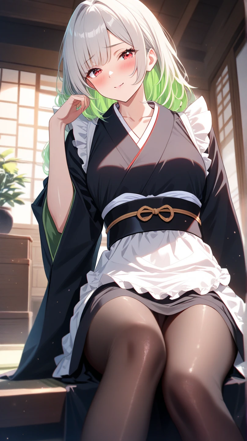 masutepiece, Best Quality, 1girl in, (Sailor Neptune),Green head hair, (Green eye:1.2),((kimono))、((pantyhose))、length hair、((embarassed expression))、((Bedroom))、((a miniskirt))、((Poses that emphasize breasts))