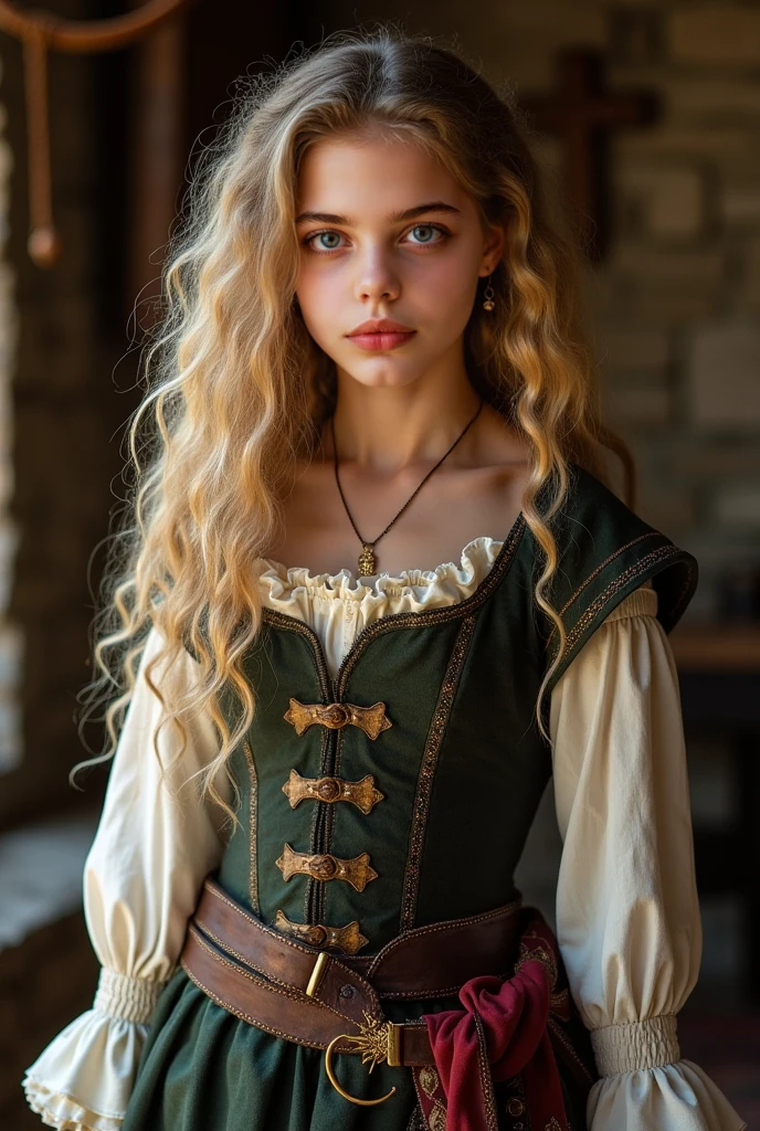 (Cute tween elf), skinny, thin, slim, lean, slender, nubile, posing for picture, blonde hair, blueeyes, warm lighting, thinner, perfect lips, fat lower lip, young, youthful, teen, teenager, in a wooden fantasy tavern, dirty brown tavern wench dress,