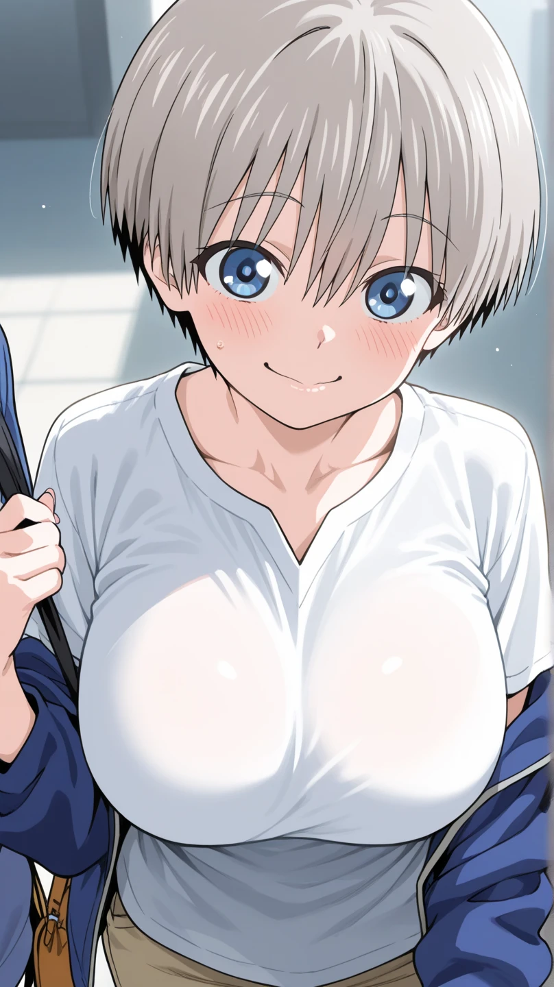 1girl,å®å´è±,short hair,blue eyes,bangs,grey hair,hair between eyes,large breasts,nsfw,nude, taking a shower, shower, bathroom, covered in suds, smile, Exquisite visuals, high-definition,masterpiece,best quality, head facing up, eyes closed