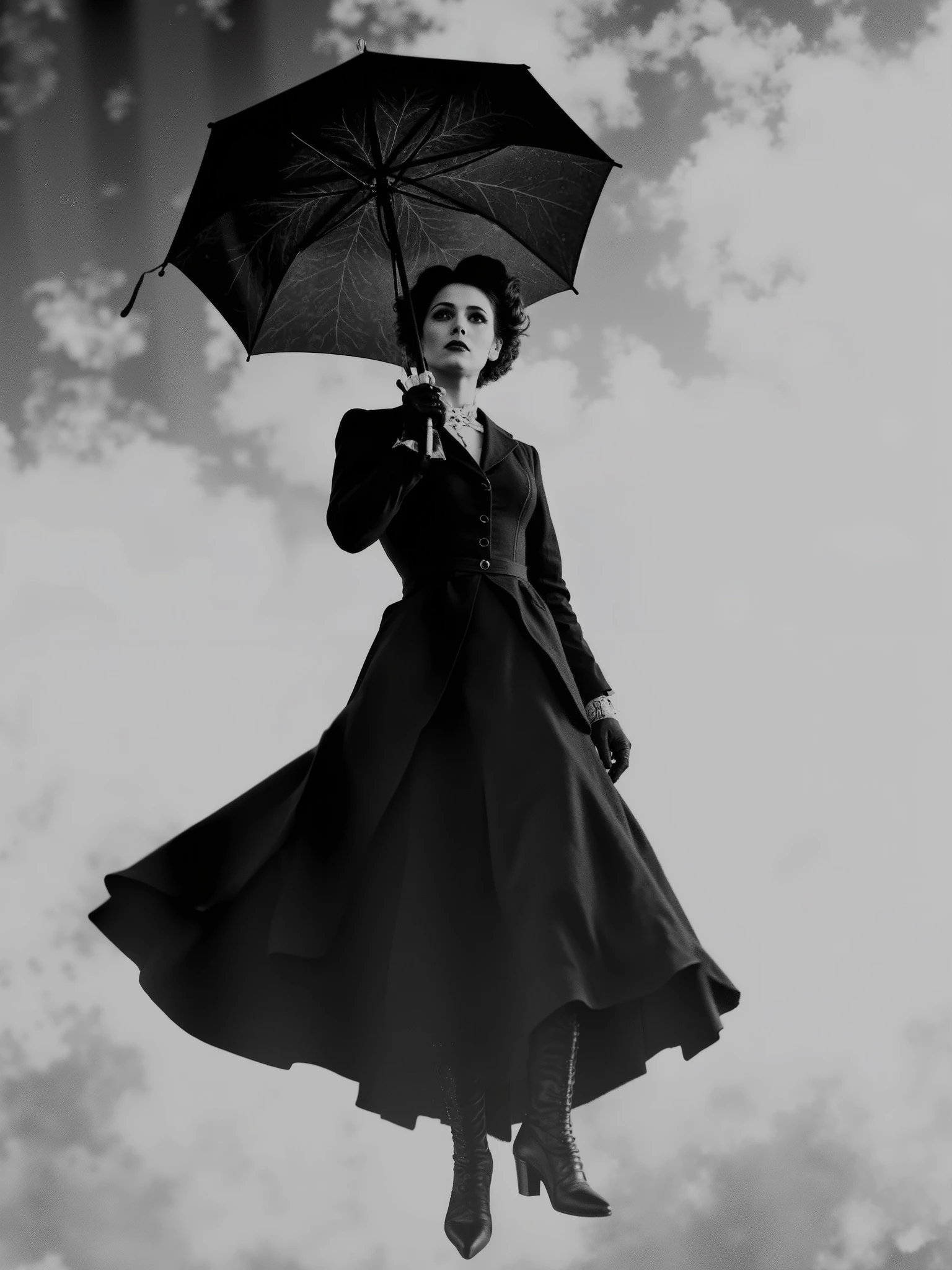 Ultra-realistic black and white image of a sinister, gothic version of Mary Poppins descending from the sky. She holds an ominous vintage umbrella with a subtly sculpted vampiric face on its surface. Her expression is eerie yet elegant, with sharp cheekbones, dark eye makeup, and an unnerving smile. She wears a Victorian-style coat and long skirt, both blowing slightly in the wind as she floats downward. The background features a cloudy, overcast sky with dramatic lighting and heavy shadows, adding a haunting cinematic atmosphere. Realistic textures, crisp details, moody grayscale tones. High-resolution photo style.