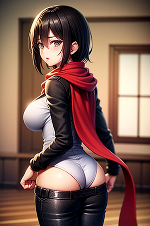 top-quality,masterpiece,8K,nffsw\,Best Quality,1girl in,Mikasa_ackerman,Sheer panties,Wet panties,White panties,red scarf,skyporn,broody,Legs spread posture,Action art,Aim at the enemy,Embarrassed face,Shy face,with blush cheeks,sinister gang,butyric,minimalism,Impact art,Ruins,(((cameltoe))),(((quần lót lọt vào khe lồn)))