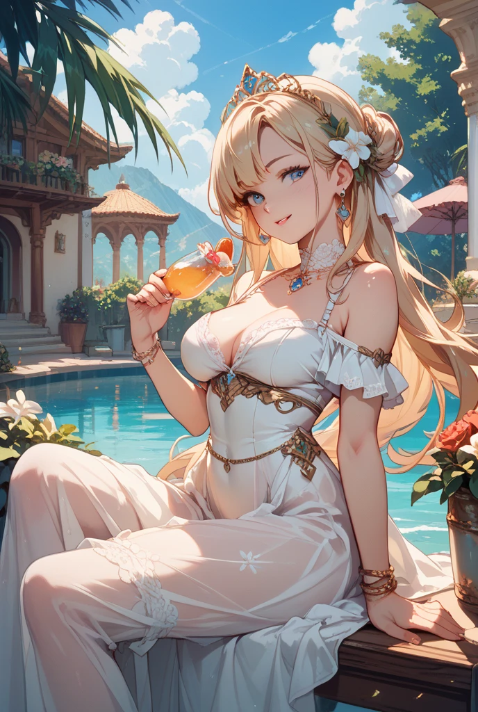 2females，36 years old，Bigchest，Raised sexy，Pornographic exposure， 独奏，（Background with：Surrounded by a sea of flowers，ln the forest，lotuses，Ground area water） She has very short blonde hair，2 Standing woman，Sweat profusely，drenched all over the body，seen from the front， hair straight， mostly cloudy sky，（（（tmasterpiece），（Very detailed CG unity 8K wallpaper），best qualtiy，cinmatic lighting，detailed back ground，beatiful detailed eyes，Bright pupils，（Very fine and beautiful），（Beautiful and detailed eye description），Black eyes，Redlip，ultra - detailed，tmasterpiece，）），facing at camera，（The upper part of the body），A high resolution，ultra - detailed），revealing breasts，Bare genitalia，  Bulge，legs are open，sexyposture，Camel toes，Flushed complexion，Open-mouthed，frontage，，Gold Saint Seiya，Lotus hair ornaments，Cleopatra（Wearing：White transparent sex robe，）Ancient Egyptian style