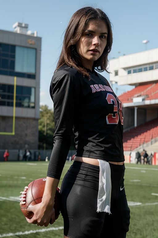 Create a realistic photo of a very beautiful girl with red hair standing on a football field wearing black stockings and a football uniform. Make sure there is a lot of money on the football field