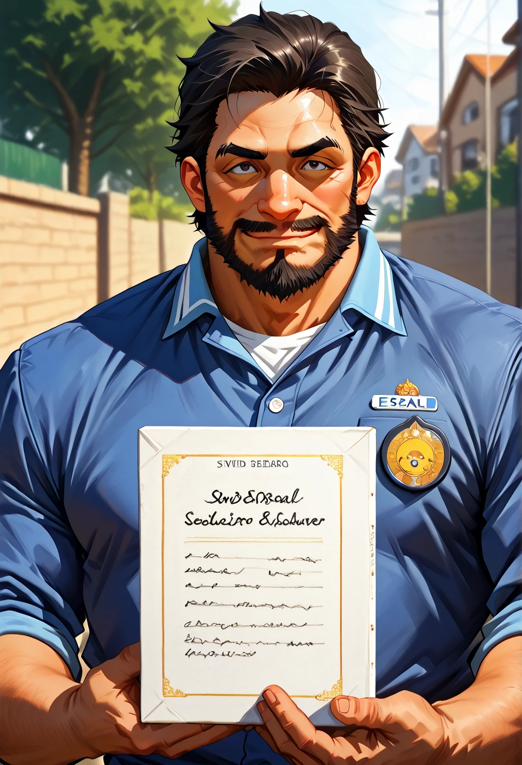 (handsome Man),(Thin mustache:1.1),(crew cut short hair:1.5),black eye, (navy blue tight-fitting round neck short sleeve T-shirt:1.3),(Police badge:1.3),navy blue cargo pants,(navy_gloves:1,3), Korean guy,chest muscles,large arm muscles,blood vessel,Big muscles,Broad shoulders,(open mouth:1.2),(face up:1.2),(open eyes:1.5),middle of the road,smile,(City town:1.4)