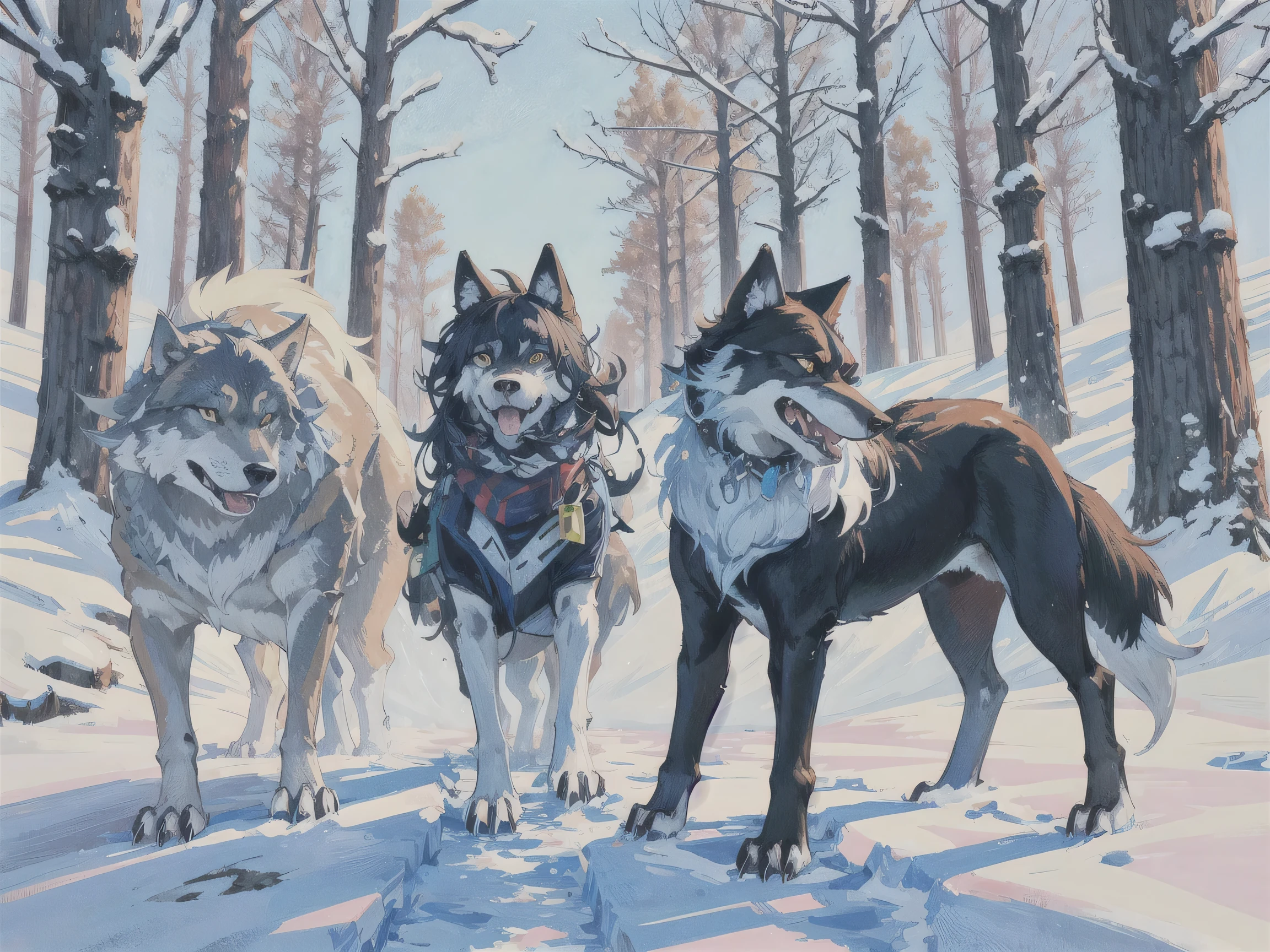three gray wolfs walking in the snow in a forest, photo of wolf, he has yellow wolf eyes, wolves, wolp, wolf, angiewolf, correct wolf muzzle, wolves and their treasures, great wolf, wolf pack following, dark grey wolf o'donnell, portrait of a wolf, wolf in a snowfield, furry wolf, wolf companion A pack of four wolves strides purposefully through a winter landscape, their focus intense and movements synchronized. The animals boast thick fur coats with shades of gray, brown, and hints of white, offering an exquisite display of natural camouflage against the snow. Piercing yellow eyes glint with a primal intelligence, and the wolves’ muscular build suggests power and agility, emphasizing their roles as apex predators. Their breath visible in the crisp air, each wolf steps over the snow, leaving a subtle trail. Tall trees with dark trunks surround the scene, their presence adding depth and contrast to the icy backdrop. The atmosphere is charged with tension and unity, illustrating the pack dynamics and the silent communication amongst them. Despite the bleak chill of the environment, the scene evokes feelings of admiration for nature’s raw beauty and the intricate social structure of these majestic creatures.