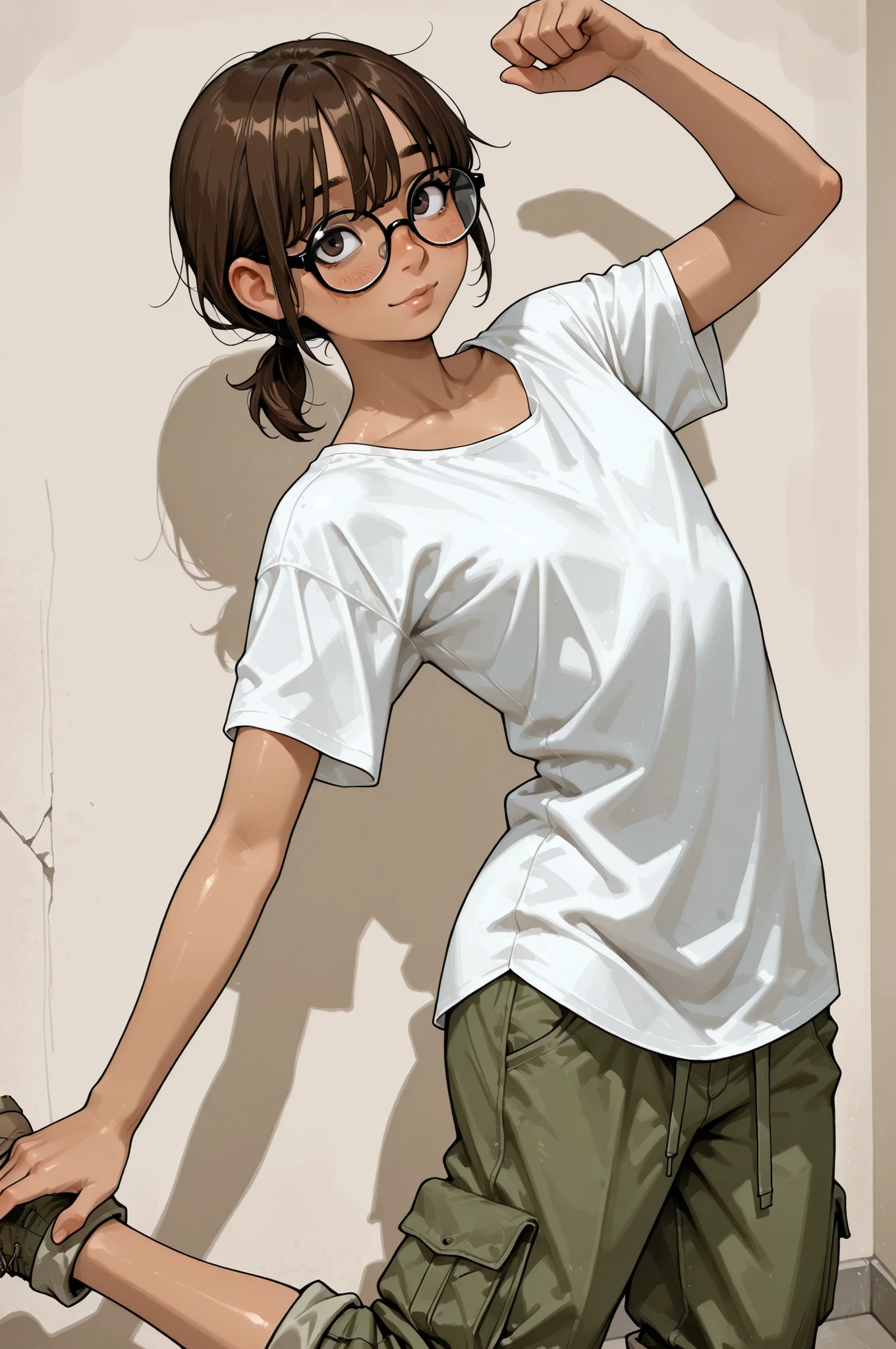 (It's fun so I'll try dancing),
1girl,Super Detailed,absolute resolution,(dynamic angles),(tanned skin:0.3),Japanese girl,(portrait),(pinup),
dancing,
(white loose T-shirt),(untucked T-shirt:1.3),wide pant,cargo pants,(pants rolled up:1.3),
detailed and beautiful face and eyes,Dark brown eyes,(Freckles:0.6),(Thick lips:0.3),(chapped lips:0.3),,(Thick eyebrows:0.5),(round nose:0.5), black-framed eyewear,((Thick-rimmed eyewear)),
flat chest,brown hair,low ponytail,short ponytail,choppy bangs,hair over both eyes,(messy hair:0.7),  
(blush:0.7),(nose blush:0.7),,[wall background],