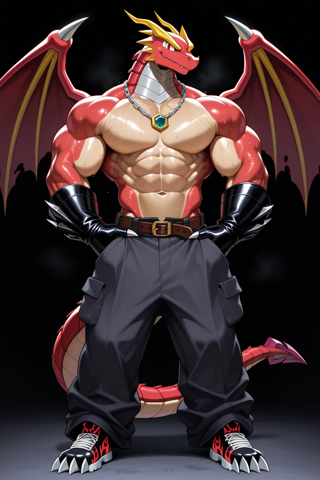 lobo, red fur, muscular, skull mask, with bones in the torso, dragon wings, white panties, with dragon tail, with a chain