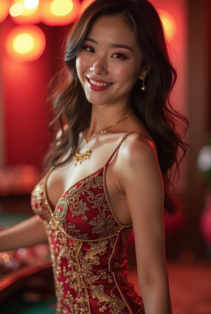 (((a girl (stand:1.4) (alone:1.4)))),((full-body:1.8, cinematic-shot)),(best quality,4k,8k,highres,masterpiece:1.2),ultra-detailed,(realistic,photorealistic,photo-realistic:1.37),(beautiful and aesthetic:1.2),vibrant color,(film grain:1.3). 

Indonesian,(1girl),(solo),((1 person)),(17years-old),[Raiana-Elizabeth-Dilla],pearl skin,(skin pores:1.1),beautiful detailed eyes,beautiful detailed lips,extremely detailed eyes,longeyelashes,extremely detailed face and skin texture,(skin texture:1.1),glamour make-up,dark-black hair,tall and slender body,(192cm tall),thin and delicate figure,graceful posture,flawless skin,defined abs,perfect curves,feminine appearance,beautiful legs,embodying elegance and beauty,(cleavage breasts,large breasts:1.4),((wearing a sexy (red ultra-short batik minidress:1.4))),extremely detailed and realistic (red) clothes,(shiny skin),((sharp focus:1.5)),(earringeathers:1.5). 

Official art,extremely detailed,(abstract dark background:1.4),joyful expression,happy smile,Indonesian traditional atmosphere,Angelic ethereal beauty,award-winning photography,studio photography,professional photography,depth-of-field,bokeh.
