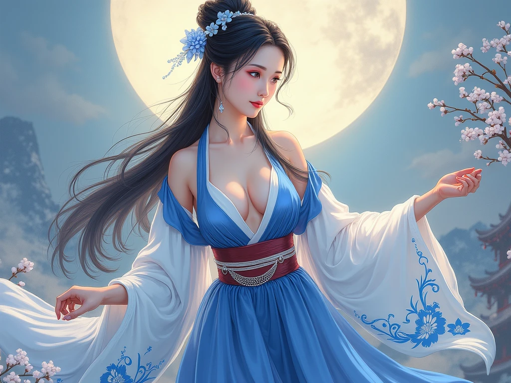 Ethereal beautiful woman, Yumemibou yokai, dream weaver, fantasy, Japanese folklore, elegant digital painting, dreamy atmosphere, stunning Japanese woman, otherworldly aura, long flowing black hair, stars and stardust in hair, mesmerizing eyes, night sky reflection, deep indigo kimono, silver constellation patterns, Full , Emphasize the cleavage , sheer celestial shawl, serene enigmatic smile, graceful floating pose, ornate hourglass, feather fan, nighttime scene, crescent moon, twinkling stars,