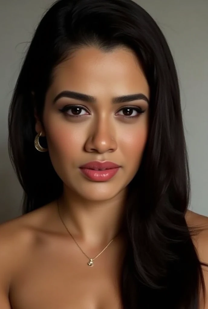 extreme close up photo of 30 years old naked rashmika, hourglass figure, swooping breasts, deep cleavage, curvy, armpits, seductive eyes, ass, look at viewer lusciously, subtle smile, erotic standing with wide open spread legs, red lips, sultry, loose wavy hair, 4K, HD, big curvy ass, brown nipples, no clothes