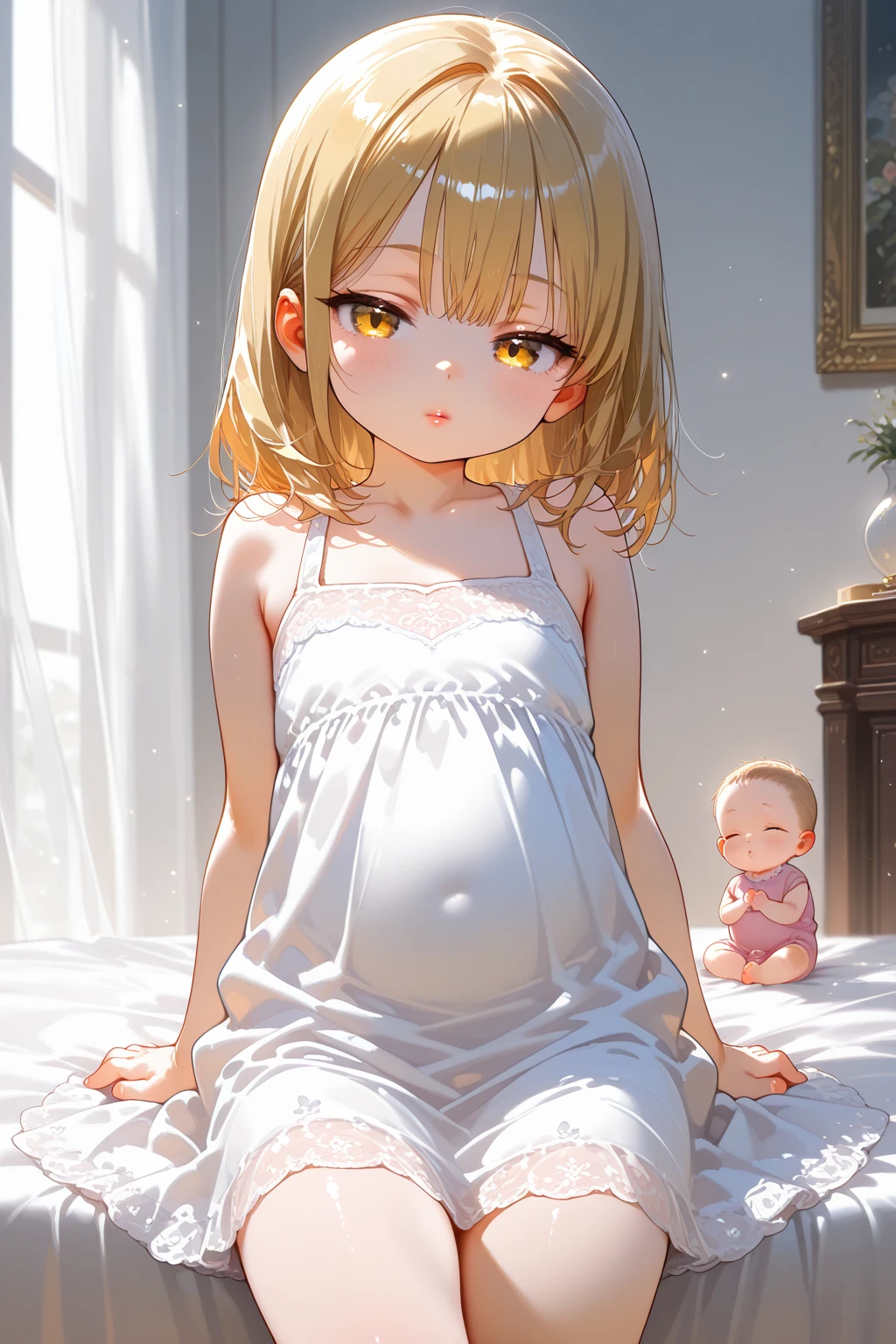 a naked mother holding her naked baby girl in her arms standing in bedroom
