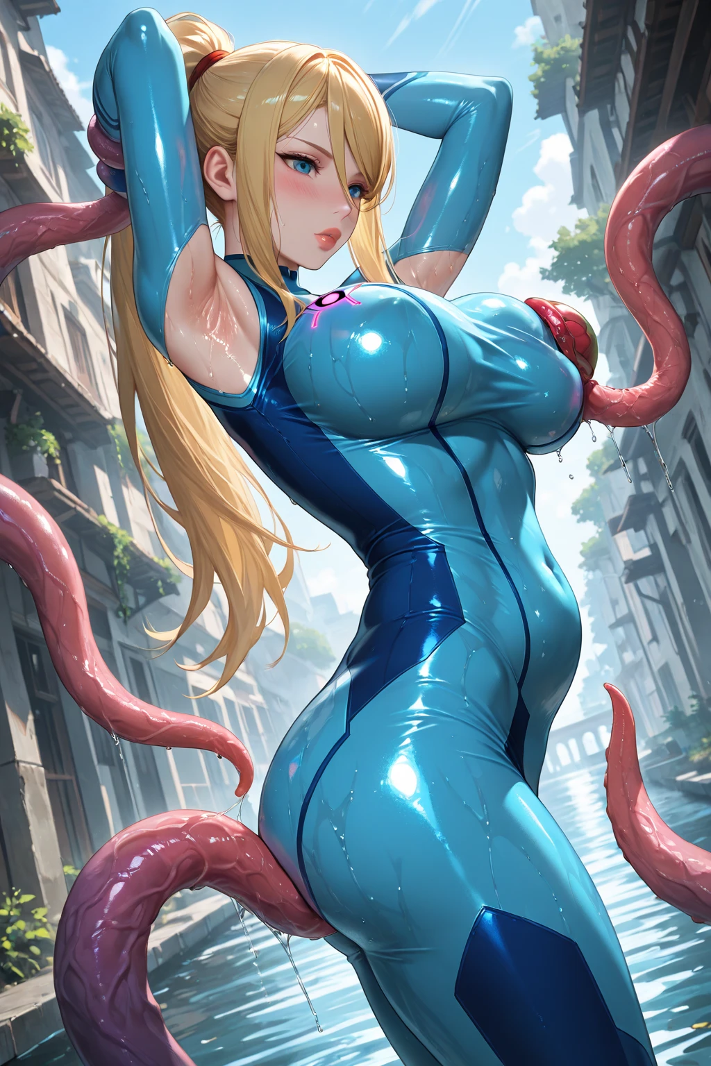 Super girl, 1 girl, ((barnet))), long blonde hair, swollen lips, painted lips, thick lips, wide hips, thick thighs, huge ass, face of pain, tears of pleasure, huge natural huge breasts, cleavage, mature mother, arms up, tentacle attack, tentacle fuck, tentacle sex, tentacle penetration, cum inside, no te beac