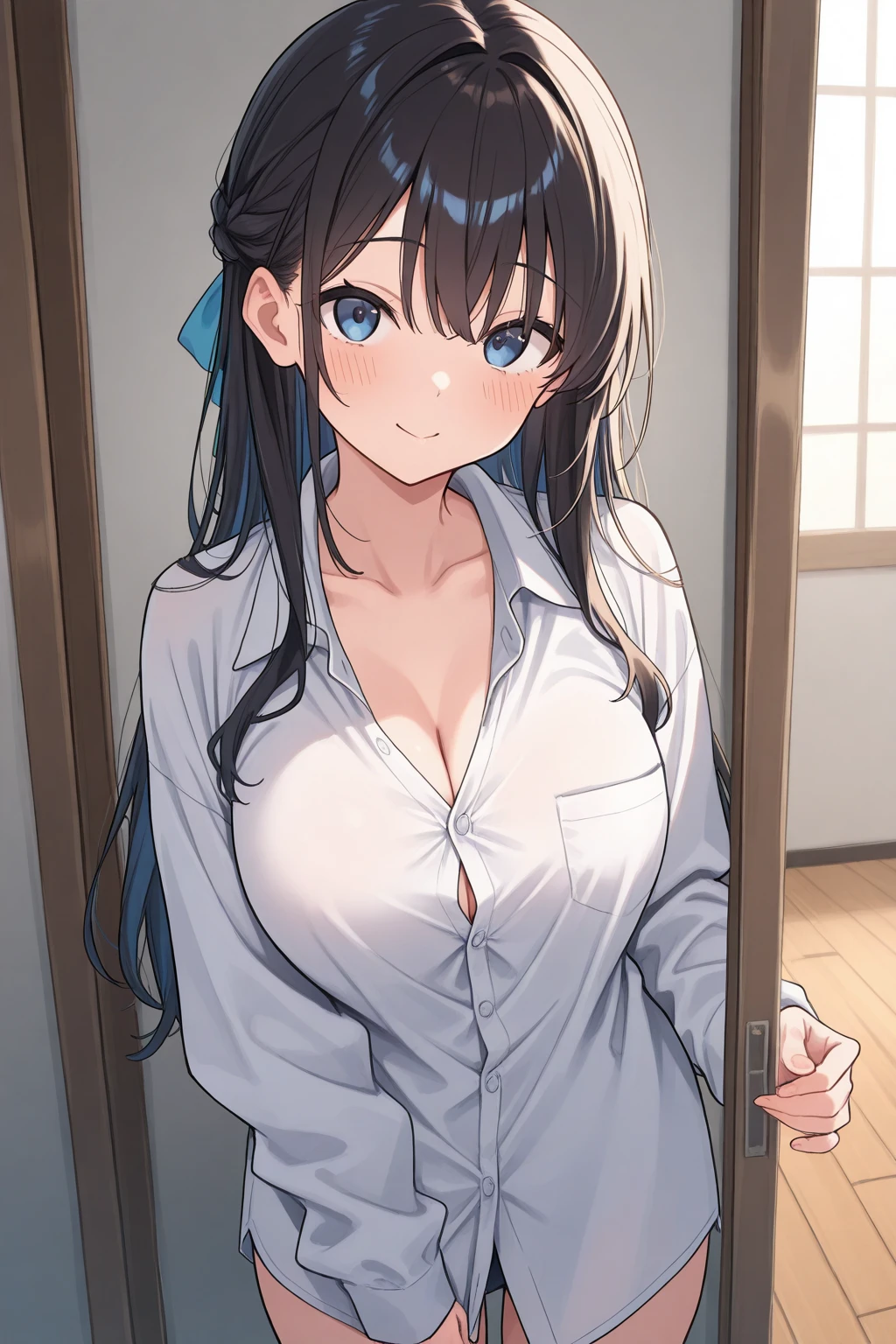 4K, (masterpiece), Highest quality, 2D, ((Browsing Caution)), (Teen Anime School), (Unbuttoned shirt), (Small breasts), Nipples, Long brown hair, blue eyes, smile, Full Height, Clear Eyes, Black eyelashes, (Intricately detailed), dramatic, Makoto Shinkai, Trending on CGSociety