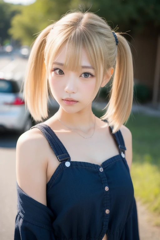 Sunburn marks on tanned skin、blush、Blonde twin tail hair,A cute 17-year-old girl with a cute look, A strong wind blows my hair in front of my face、Beautiful big sparkling eyes, Cute eyes hidden by long bangs、Yawn、No visible nasolabial folds、A short, light-colored miniskirt、A summer shirt with cute colorful patterns、Korean Beauty、Cheeks