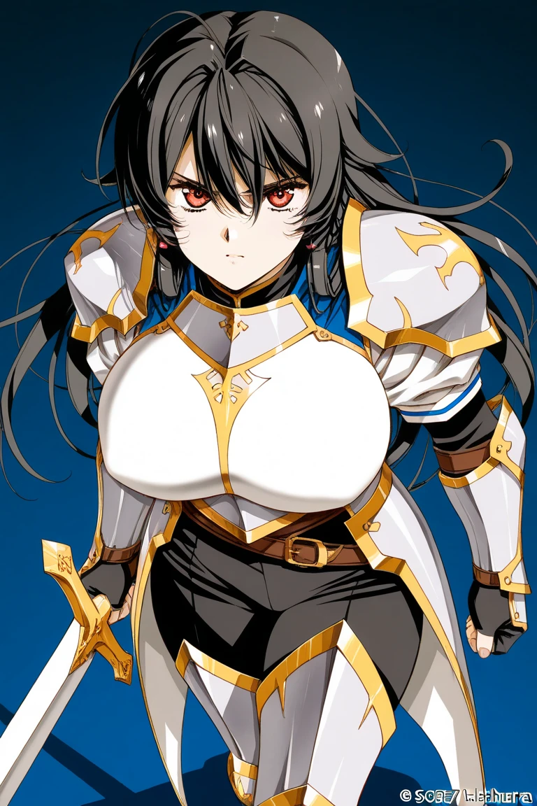 ((highest quality)), ((masterpiece)), ((hyperrealistic)), (detailed background), 1girl, ((curvy: 1.2)), perfect face, ((Langrisser)), makeup, ((black latex high cut leotard: 1.5)), ((catsuit)), ((white paladin armor)), ((long skirt)), (Noble cloak de cour), gauntlet, gloves, glossy black straight hair, ahoge, (huge breasts: 1.3), (see-through cleavage cutout: 1.2), (see-through pantyhose thigh: 1.3), (zettai ryouiki armored thigh-high boot), beautiful blue eyes, Perfect hands, perfect fingers,