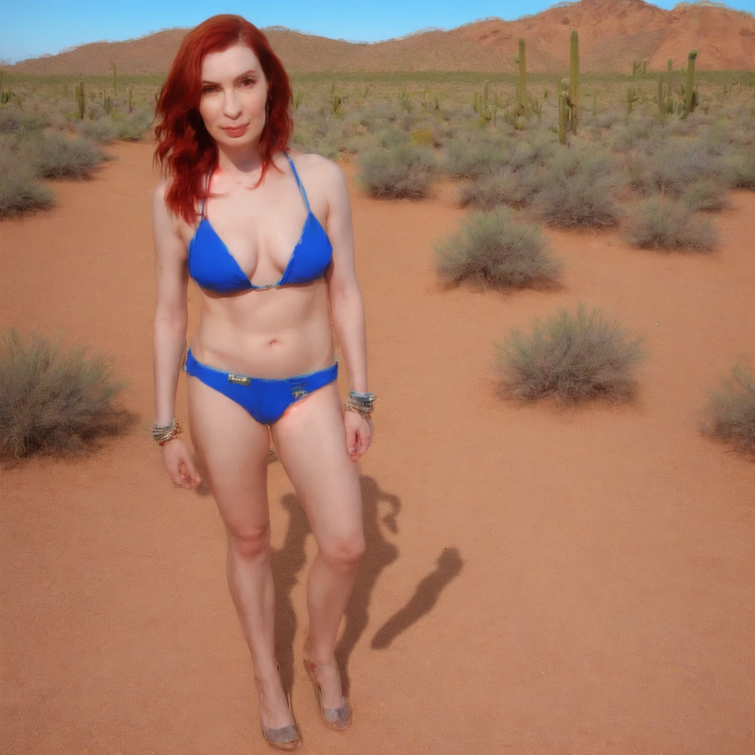 Portrait of the navel at the head of a 32-year-old red-haired Scarlett Johansson, sitting on a beach, (((without panties)))), ((without panties)), (Legs raised),(Legs apart), (Thighs apart), (Correct dissection), squat position, cow dung littering the sand, seduction, cinematic rendering, 32K, RAW