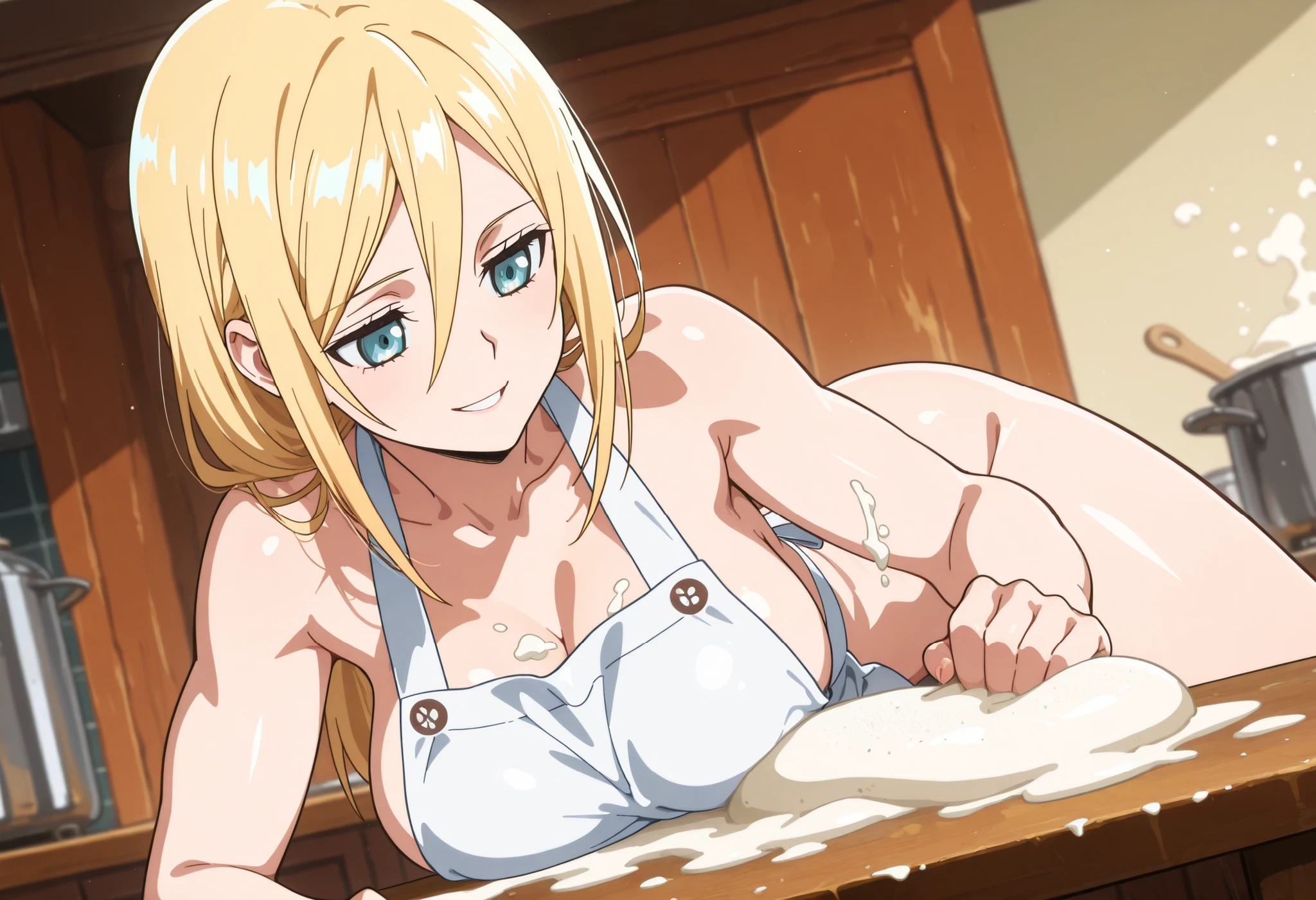 (Girl with white flour on her body) Smiling girl. Beautiful waitress in the kitchen. Beautiful woman in her twenties, blonde hair, thin face, Krista Lenz face, tall, athletic woman, white apron,  body beneath the apron, thick thighs, athletic body, smooth, curvy muscles, thin waist, thin face. Masterpiece, best quality, 2D, flat shading, flat illustration, minimalist, pop art style, neo-pop, linear drawing, vector line, , thick thighs, beautiful eyes, detailed eyes. Girl covered in flour, girl making dough with flour, baker, flour on the table, dough on the table, body covered in flour, hair covered in white flour. full-body shot.