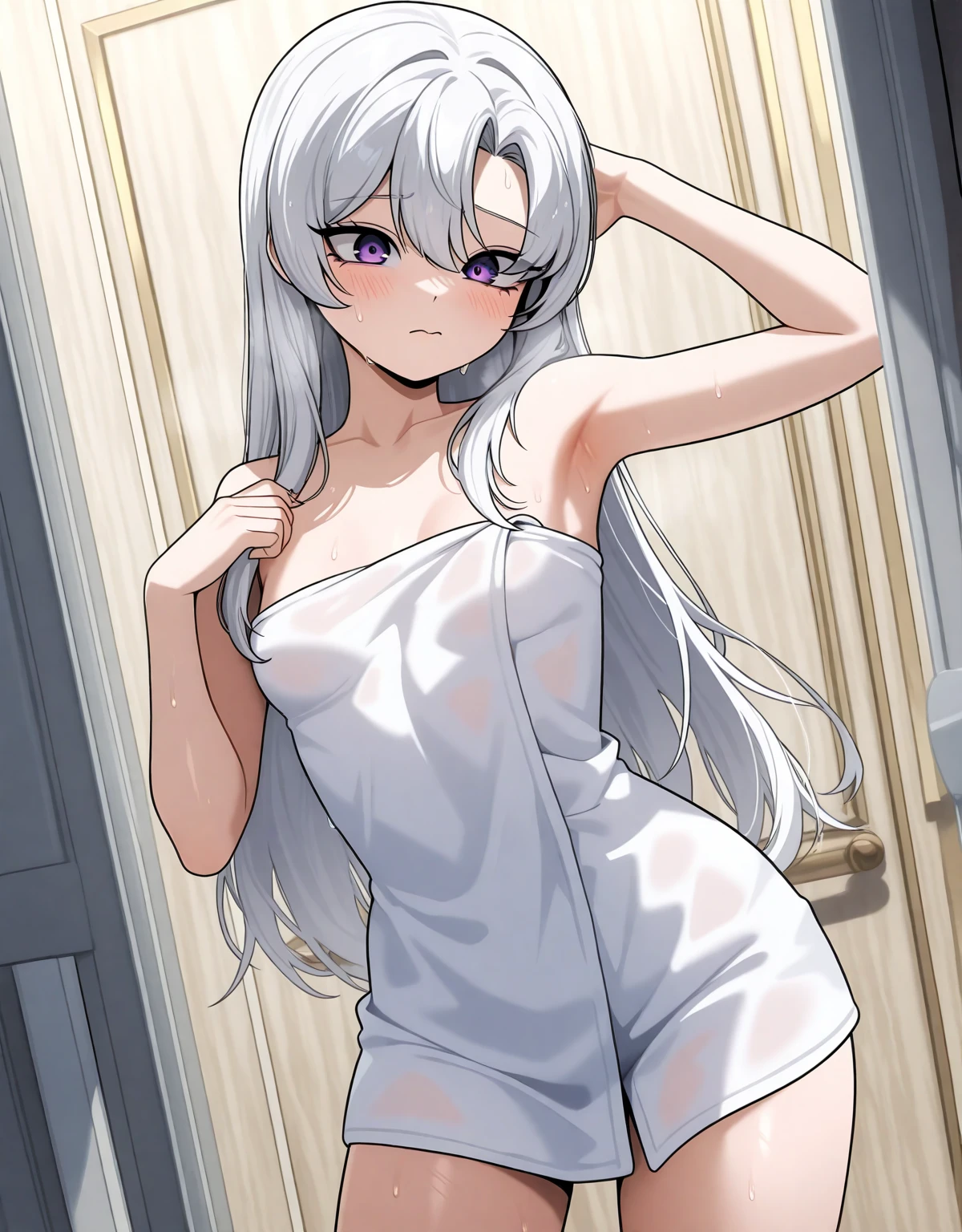 (Masterpiece), Best Quality, ultra-detailed,  1girl (Secelia Dote, naked body, short hair, dark  skin, blue eyes, half-closed eyes), smirk, parted lips, solo, see-through nightgown, in the bedroom, standing, Sexy waist teasing, come-on, temptation 