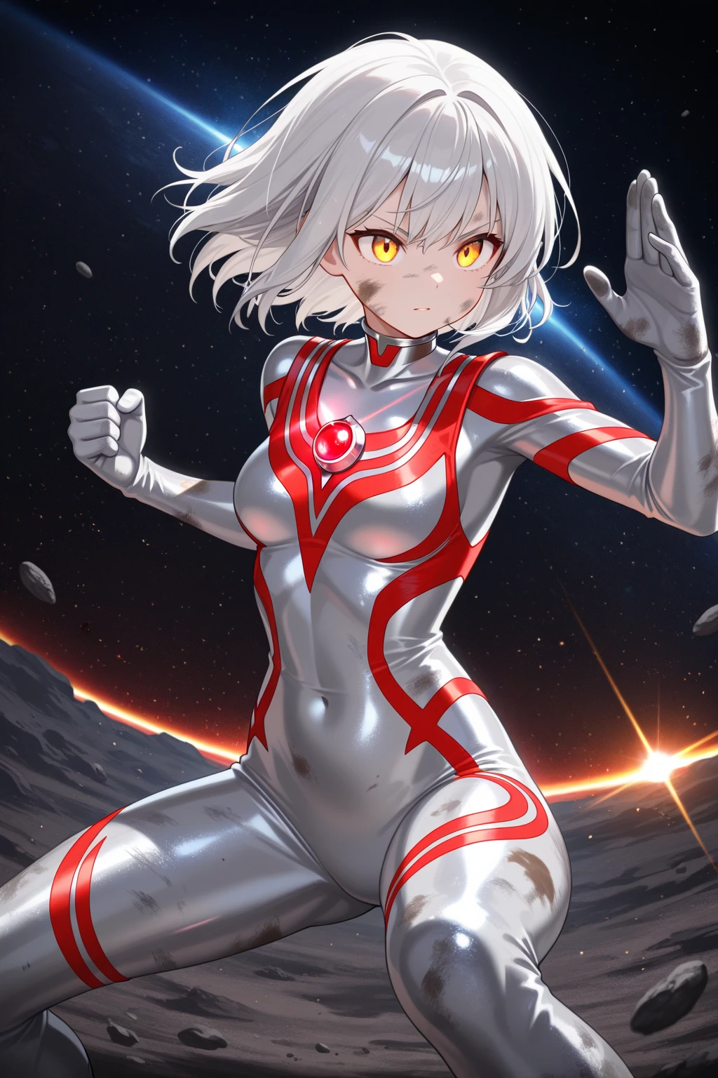 highest quality, ultra detail, High quality CG drawing, The most delicate and beautiful, Float softly, High resolution, (1 girl), (Highest image quality,4K,8K,masterpiece:1.2),(bright red hair:1.5),(short bob:1.5),(red eyes:1.5), (Ultra Girl :1.0), (silver and red ultraman bodysuit:1.4),slightly bigger breasts, (視聴者にbackを向ける:1.3),back,butt
