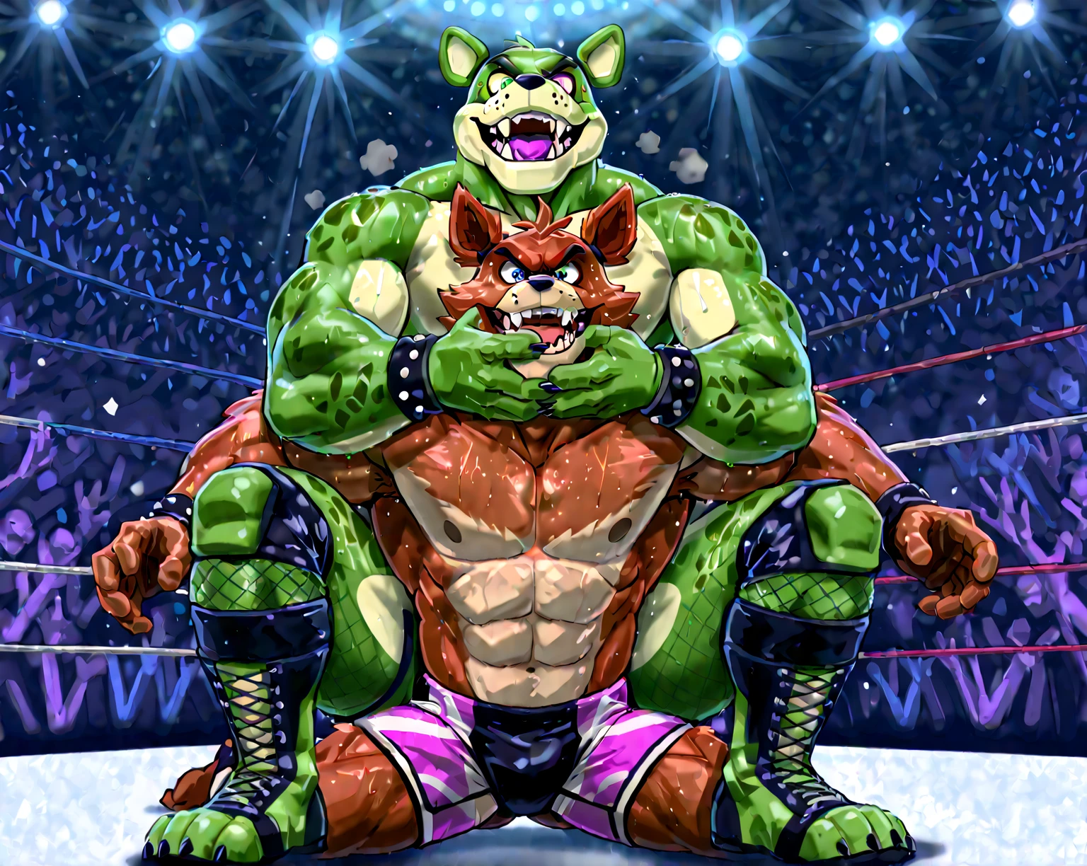 Two male fighters(Gator vs Gator, handsomes, perfect eyes, Thick eyebrows), gay(cuddling embraced, flexing abs, in a boxing match), hot(Both are Shirtless, full body, bulges), handsomes(They are handsomes, correct anatomy), musculosos(Big muscle bodies, Six packs, muscle abs, big pecs, muscle backs), sweaty(very sweaty wet bodies, shiny sweat), tatuajes(they have tattoos), Angry(They have an angry expression),boxing gloves(They both are wearing red boxing gloves), boxers(both are wearing Black boxers), Hight resolution