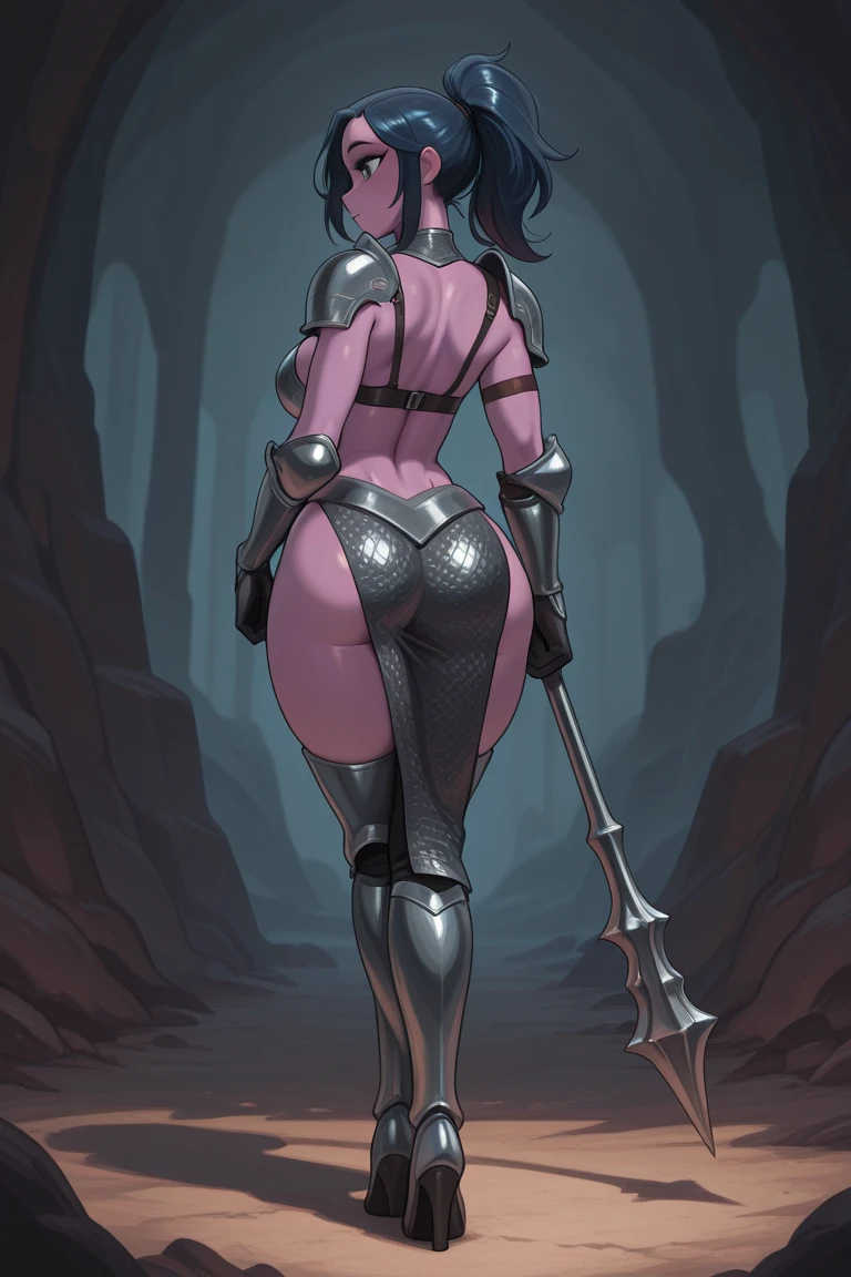 Game character standing drawing design,Orc female,Leather armor,Fur shoulders,Stout limbs,Strong muscles,The barefoot,Holding a huge barbed stick,Different layers overlay,Different angles,(Back all over the body:1.4),solid color backdrop,clean backdrop,depth of fields,high light,Real light,Ray traching,OC renderer,UE5 renderer,Hyper-realistic,best qualtiy,8K,Works of masters,super-fine,Detailed pubic hair,Correct anatomy,