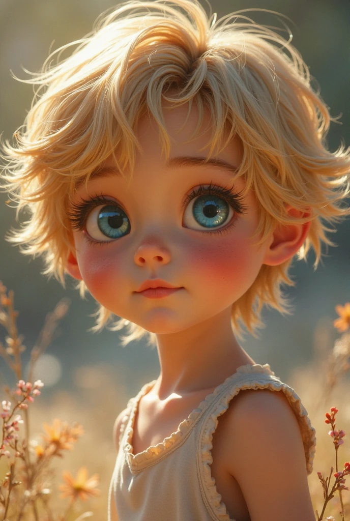 Make me a guy who looks 2, who is blond, has short but straight hair, has grey eyes, has pretty features and has more or less freckles on his face.
