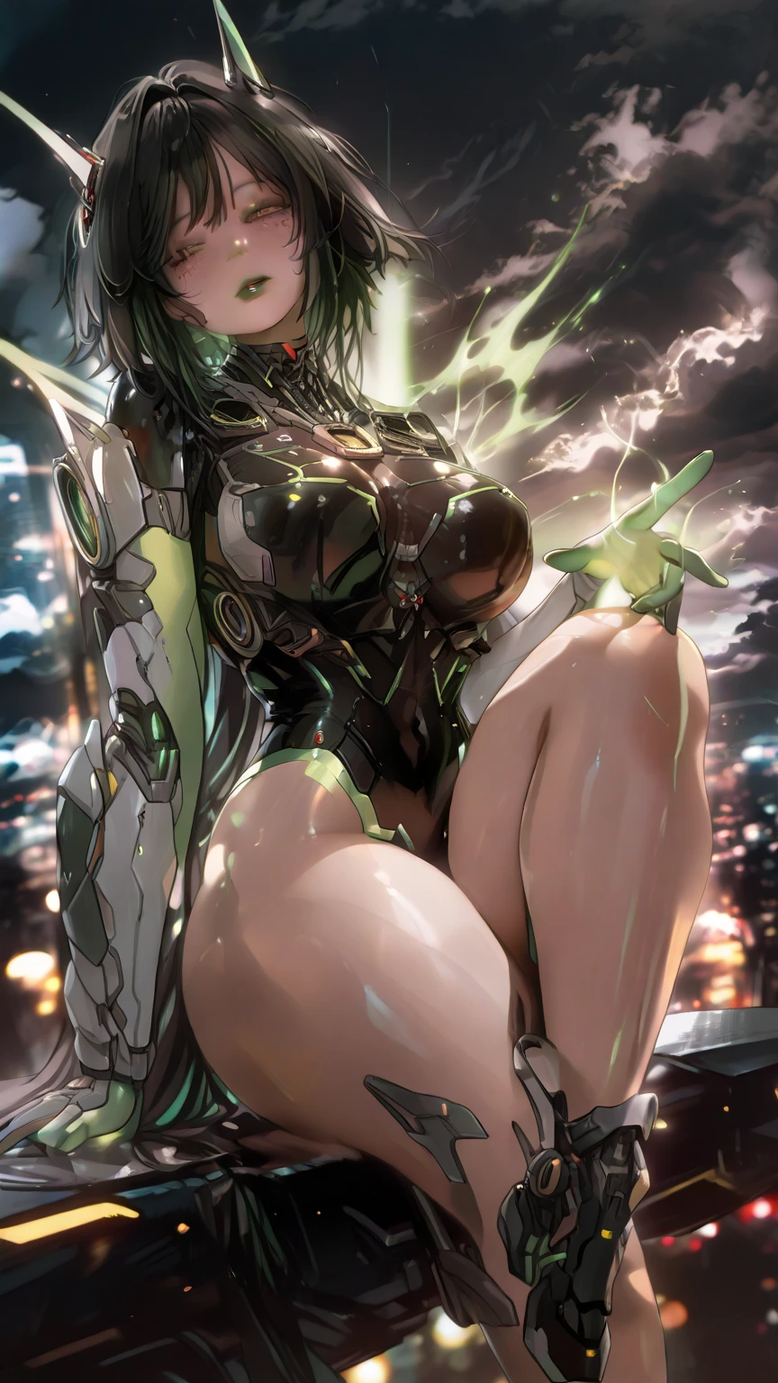 A beautiful woman with huge breasts, wearing tight-fitting, translucent clothing, sitting on a sofa with her legs open, seductive facial expression, green eyes, (best quality,4k,8k,highres,masterpiece:1.2),ultra-detailed,(realistic,photorealistic,photo-realistic:1.37),photorealistic, erotic, provocative, high-end fashion, dramatic lighting, moody colors, cinematic