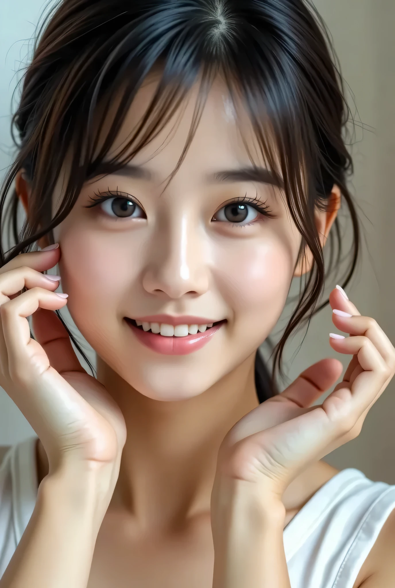 prompt between characters: {{{Photo from chest up}}}|{One High School Girl:16age}}:{{big double eyelids}}:{{mascara}}: {{teardrop bag}}:{{long eyelashes}}:white skin that appears in the light:smile yang:{{her expression seems soft and satisfying}}
, } Clear White Tank Top - Nipples {x} Her expression is full of relaxation and bliss, her expression seems soft and satisfying , no faint smile and half-open mouth,
her skin is glowing , that , no underdeveloped anatomical features , No unnatural poses , No extra limbs, no extra or missing fingers, no body or facial distortion , No multiple hands, Without Multiple Arms , No extra hands, No multiple hands or feet, holding hands casually , No strange shadows , no unnatural posture , no unbalanced composition, no straight posture , doesn't have exaggerated features