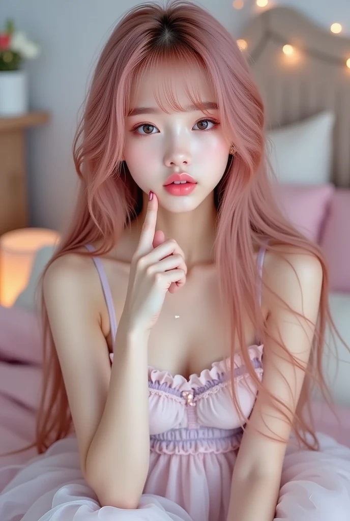 a cute girl with, pink and long hair, wearing t-shirt, in bedroom, looks at the camera, by style of onii kei, dreamy and romantic, light gray and light amber, jagged edges, light teal and light red, timeless beauty, 8k