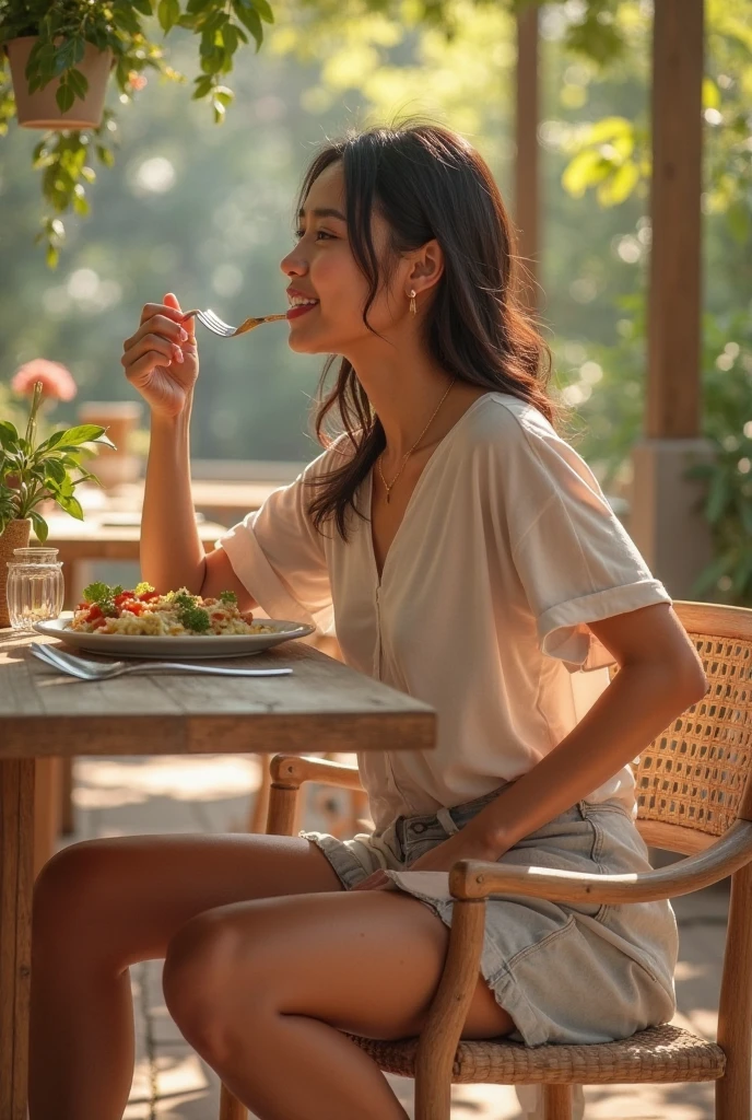 1girl, solo, sitting, table, spoon, pudding,, masterpiece, best quality,
