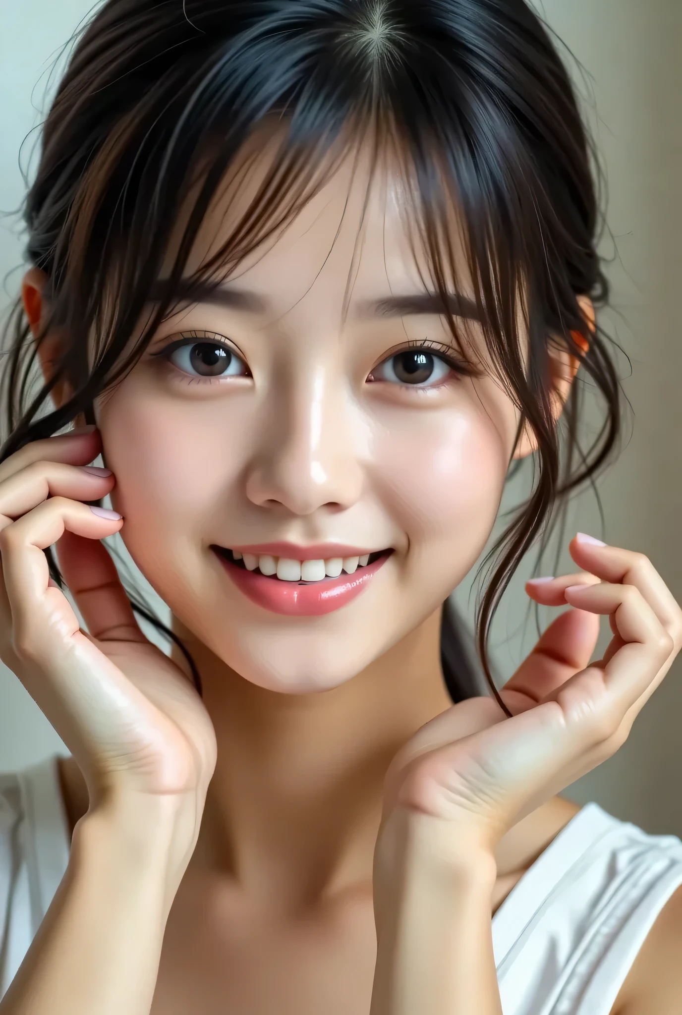 prompt between characters: {{{Photo from chest up}}}|{One High School Girl:１６age}}:{{big double eyelids}}：{{mascara}}： {{teardrop bag}}:{{long eyelashes}}:white skin that appears in the light:smile yang：{{her expression seems soft and satisfying}}
, } Clear White Tank Top - Nipples {x} Her expression is full of relaxation and bliss,  her expression seems soft and satisfying , no faint smile and half-open mouth,
   her skin is glowing   ,  that ,  no underdeveloped anatomical features ,   No unnatural poses  , No extra limbs, no extra or missing fingers,  no body or facial distortion , No multiple hands,  Without Multiple Arms , No extra hands, No multiple hands or feet,   holding hands casually  , No strange shadows  ,  no unnatural posture , no unbalanced composition,  no straight posture ,   doesn't have exaggerated features  
