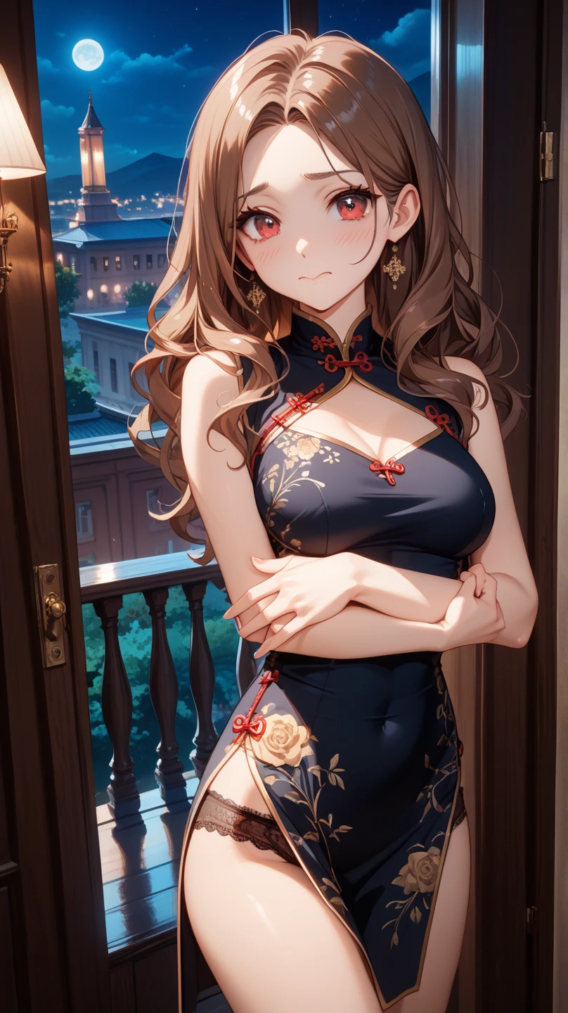 ((highest quality)), ((High resolution)), ((masterpiece)), (detailed), (photograph),
View Viewer, Cowboy Shot, Depth of written boundary, Anatomically correct, Mature Woman, Perfect Face, Cute and symmetrical face, Shiny skin,
(bun hairstyle, Red Hair), Hair between the eyes, Chestnut brown eyes, Long Eyelashes, (Big Breasts:0.9, Thighs),
Beautiful Hair, Beautiful Face, Beautiful fine details, Beautiful body, Beautiful clavicle, Beautiful breasts, Beautiful thighs, Beautiful feet,
(Silver shiny cheongsam),
(Beautiful views), Chinatown, (Embarrassed face),