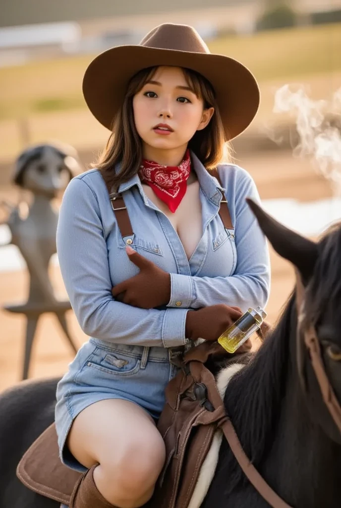 Beautiful woman riding horseback, horse riding, cowgirl hat, wearing red white and blue, sexy outfit, big breasts